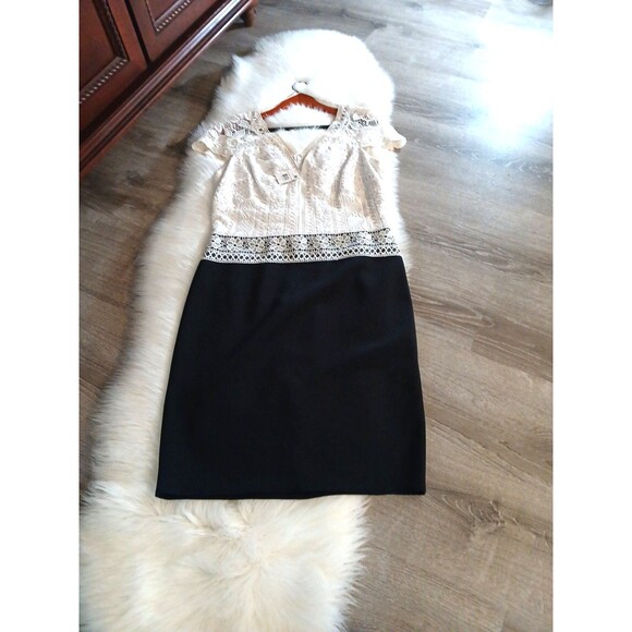 NWT TADASHI SHOJI Women's Sz 14 Black w/Ivory Lace Overlay Formal Dress Elegant! - Picture 9 of 13